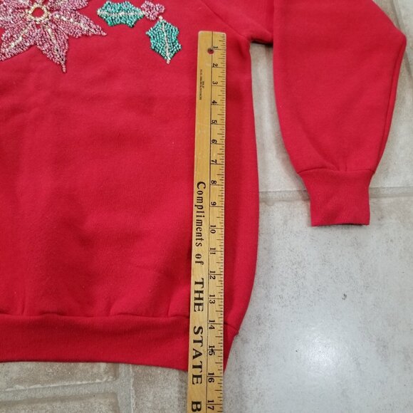 ✅Vintage Fruit Of The Loom Christmas Ugly Sweatshirt W/Sequined Pointsettia Sz L - Picture 10 of 14